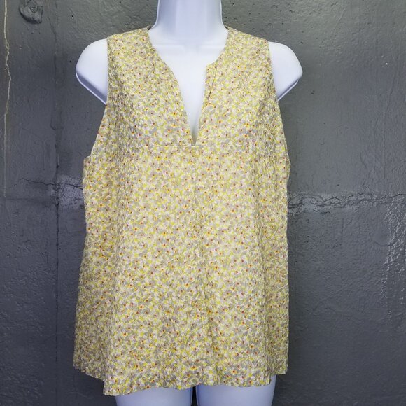 Ann Mashburn Tank Top Women M Yellow Floral Sleeveless Lined Zip Crepe Blouse - Picture 1 of 13